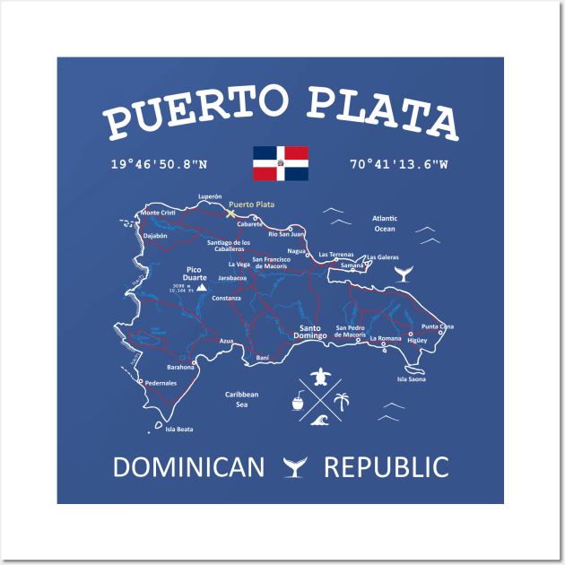 Puerto Plata Dominican Republic Flag Travel Map Coordinates GPS Wall Art by French Salsa